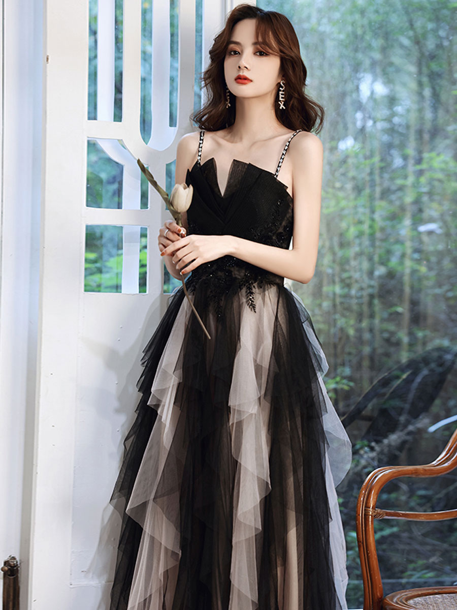 Black Aline tulle long prom dress, black lace formal evening dress