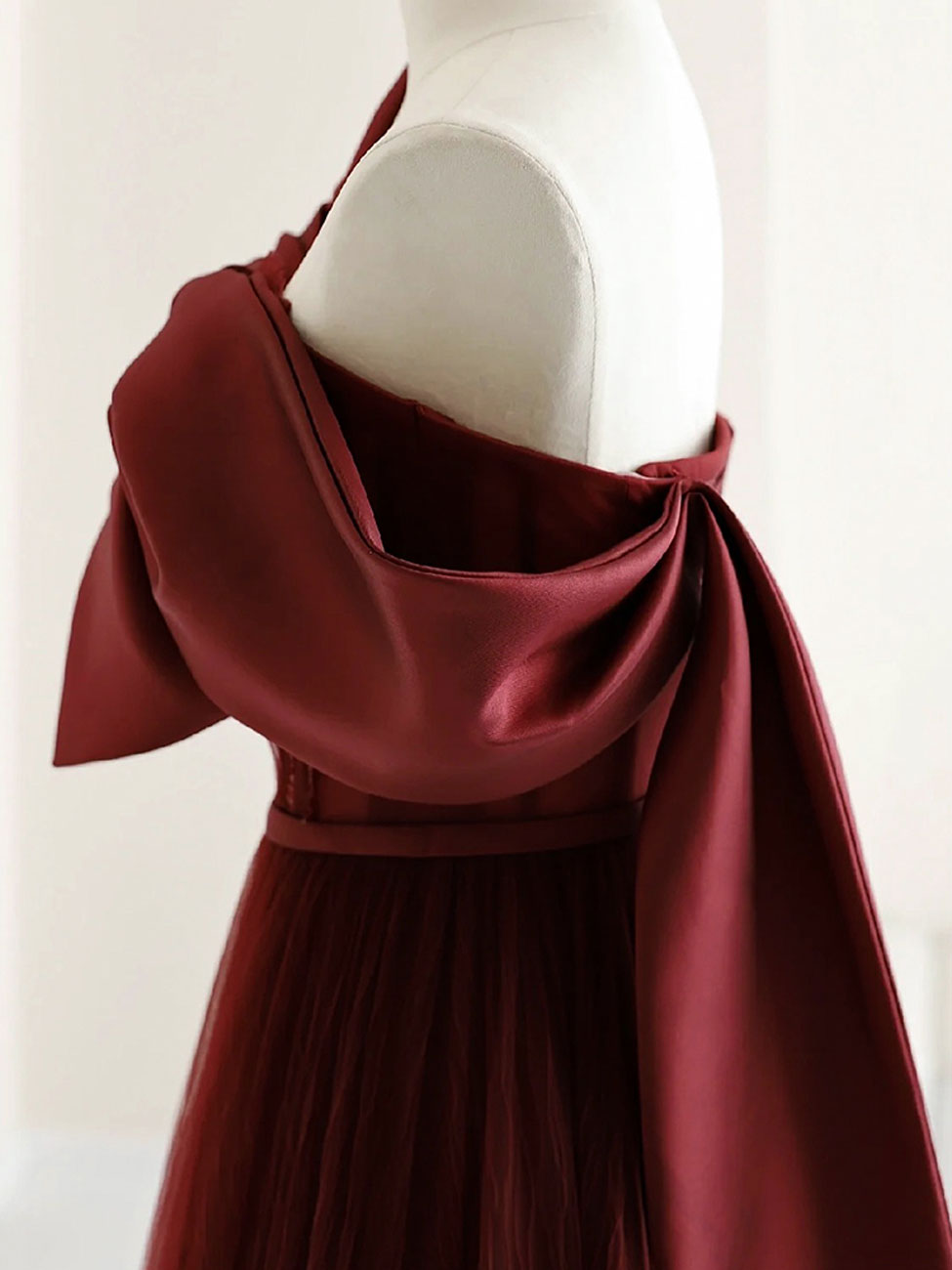 A-Line Tulle Burgundy Long Prom Dresses, Burgundy Formal Evening Dresses