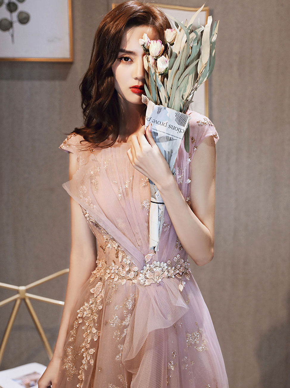 Aline Scoop Neck Sequin Pink Long Prom Dress, Formal Pink Graduation Evening Dresses