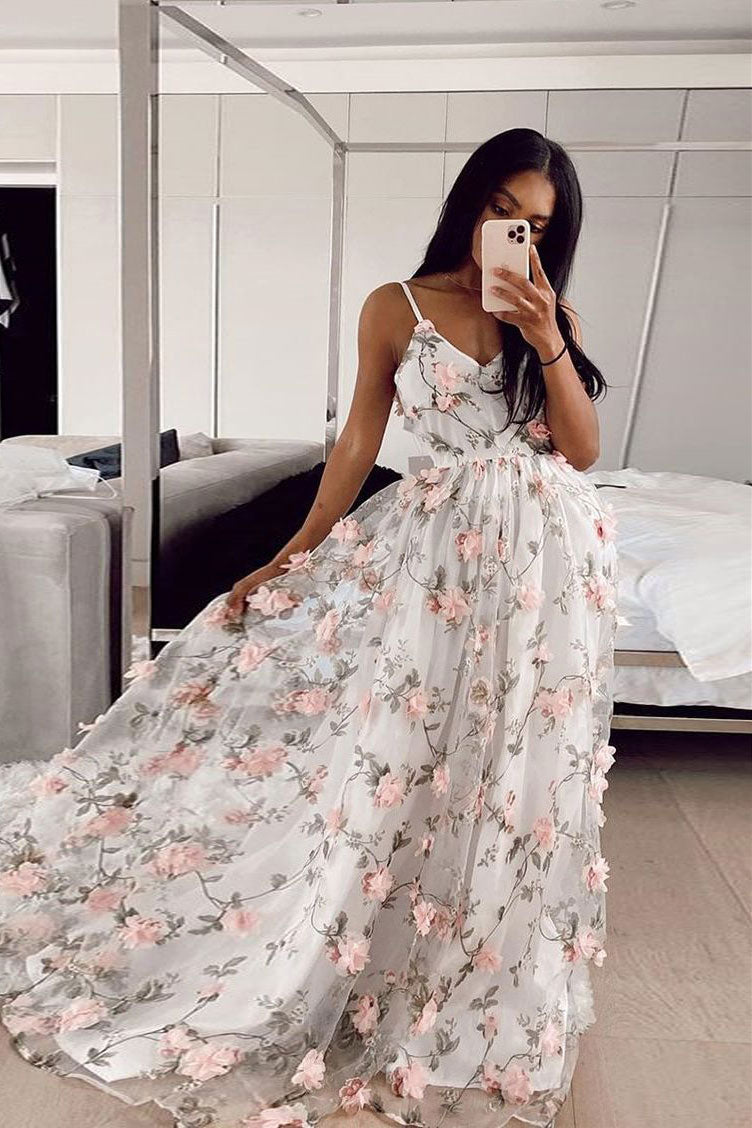 White v neck tulle lace applique long prom dress white evening dress