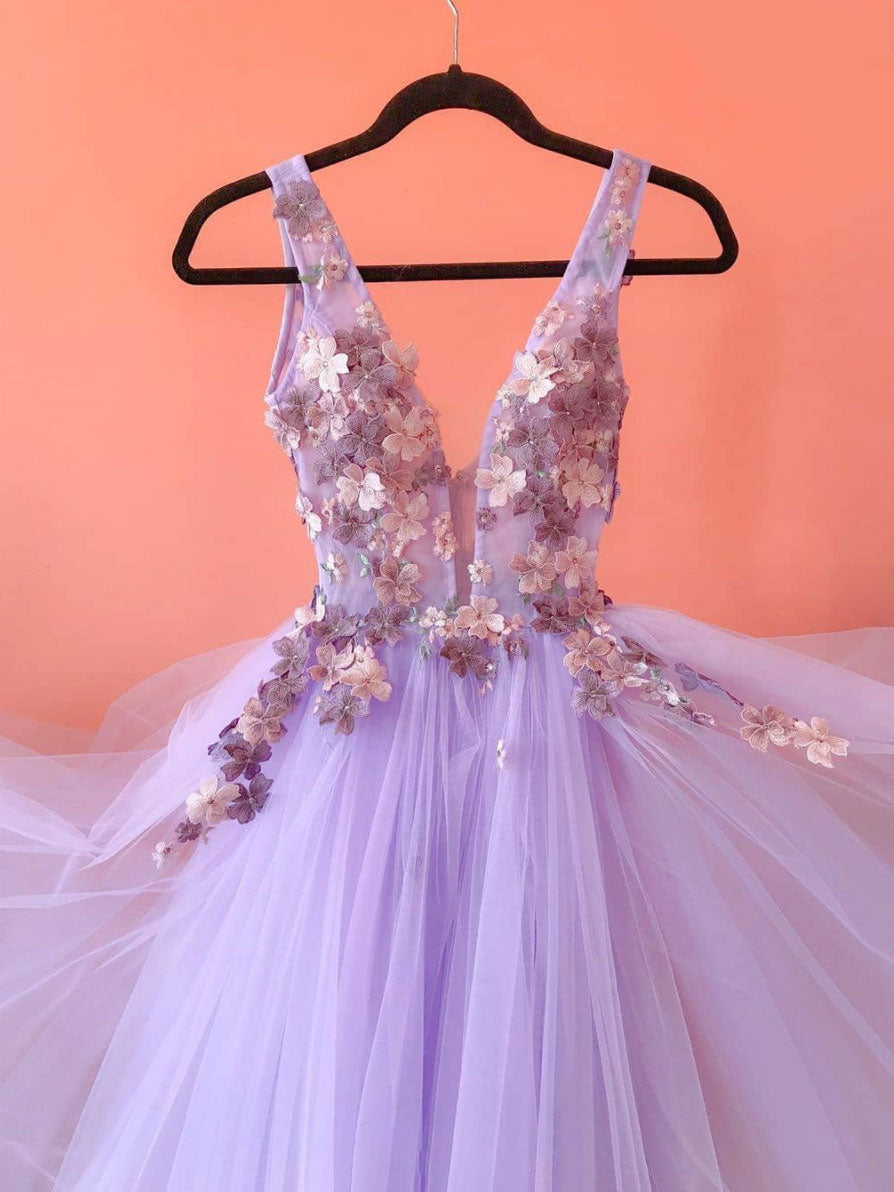 Purple tulle lace v neck long prom dress, purple evening dress