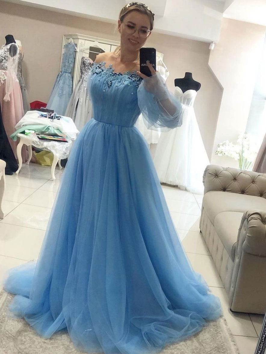 Blue round neck tulle lace long prom dress, blue evening dress dresstby Blue round neck tulle lace long prom dress, blue evening dress dresstby