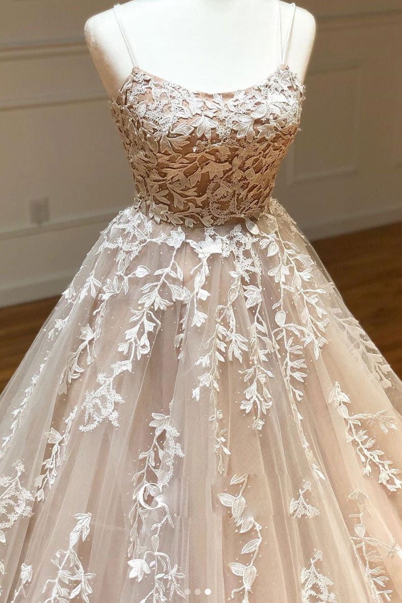 Champagne tulle lace long prom dress champagne lace formal dress