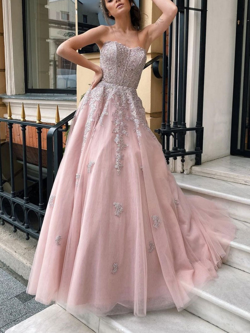 Pink tulle lace long prom dress pink evening dress · Little Cute