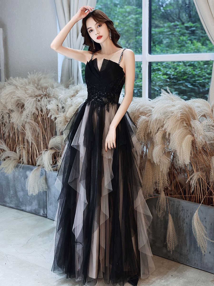 Black Aline tulle long prom dress, black lace formal evening dress