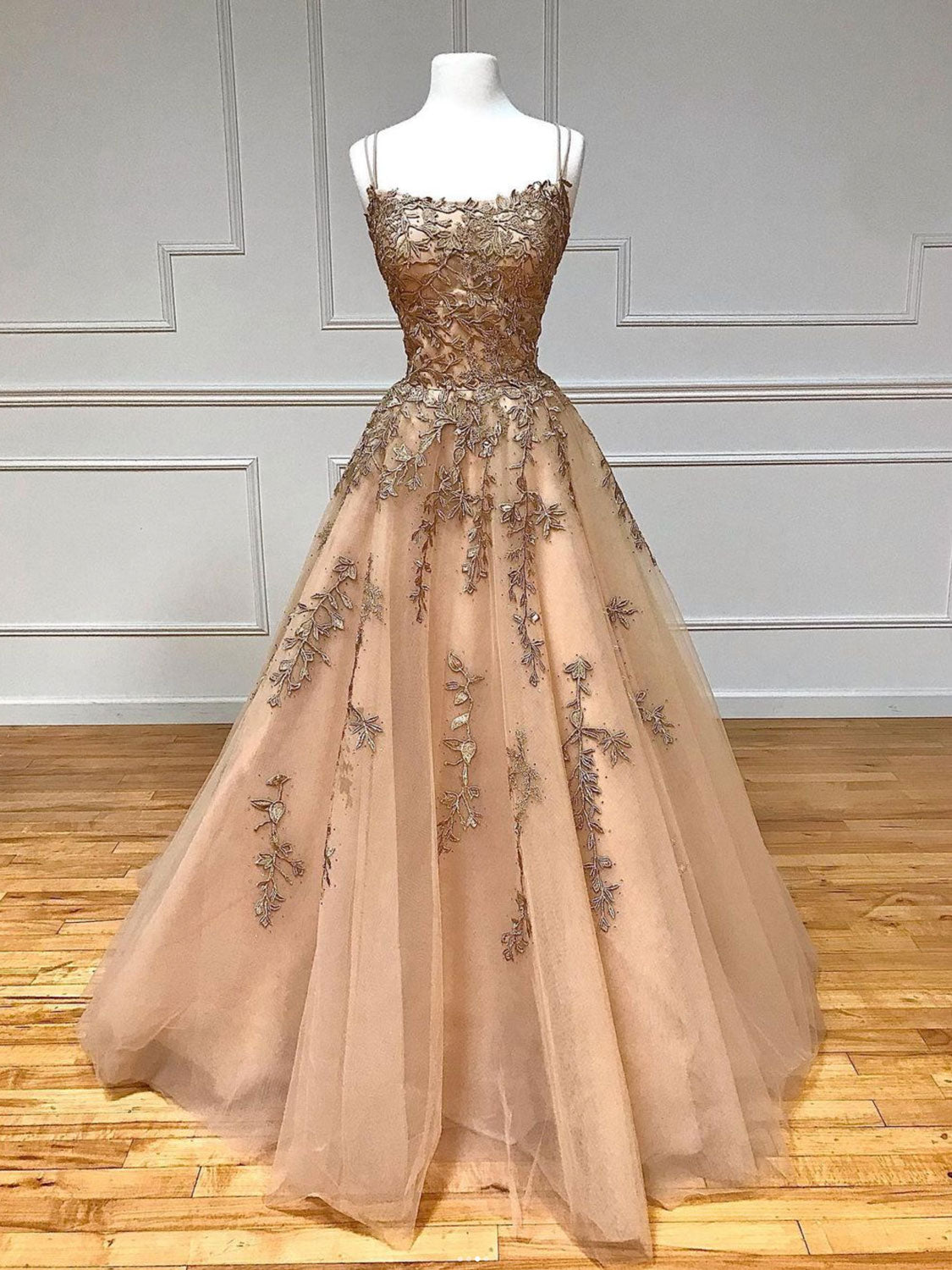 Champagne tulle lace long prom dress, backless champagne graduation dr dresstby Champagne tulle lace long prom dress, backless champagne graduation dr dresstby