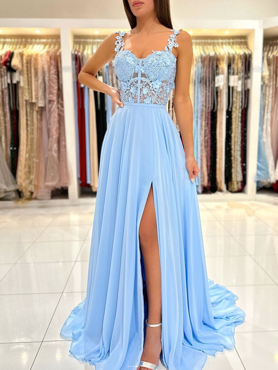 Blue A-Line Chiffon Lace Long Prom Dress, Blue Chiffon Long Formal Dre dresstby Blue A-Line Chiffon Lace Long Prom Dress, Blue Chiffon Long Formal Dre dresstby