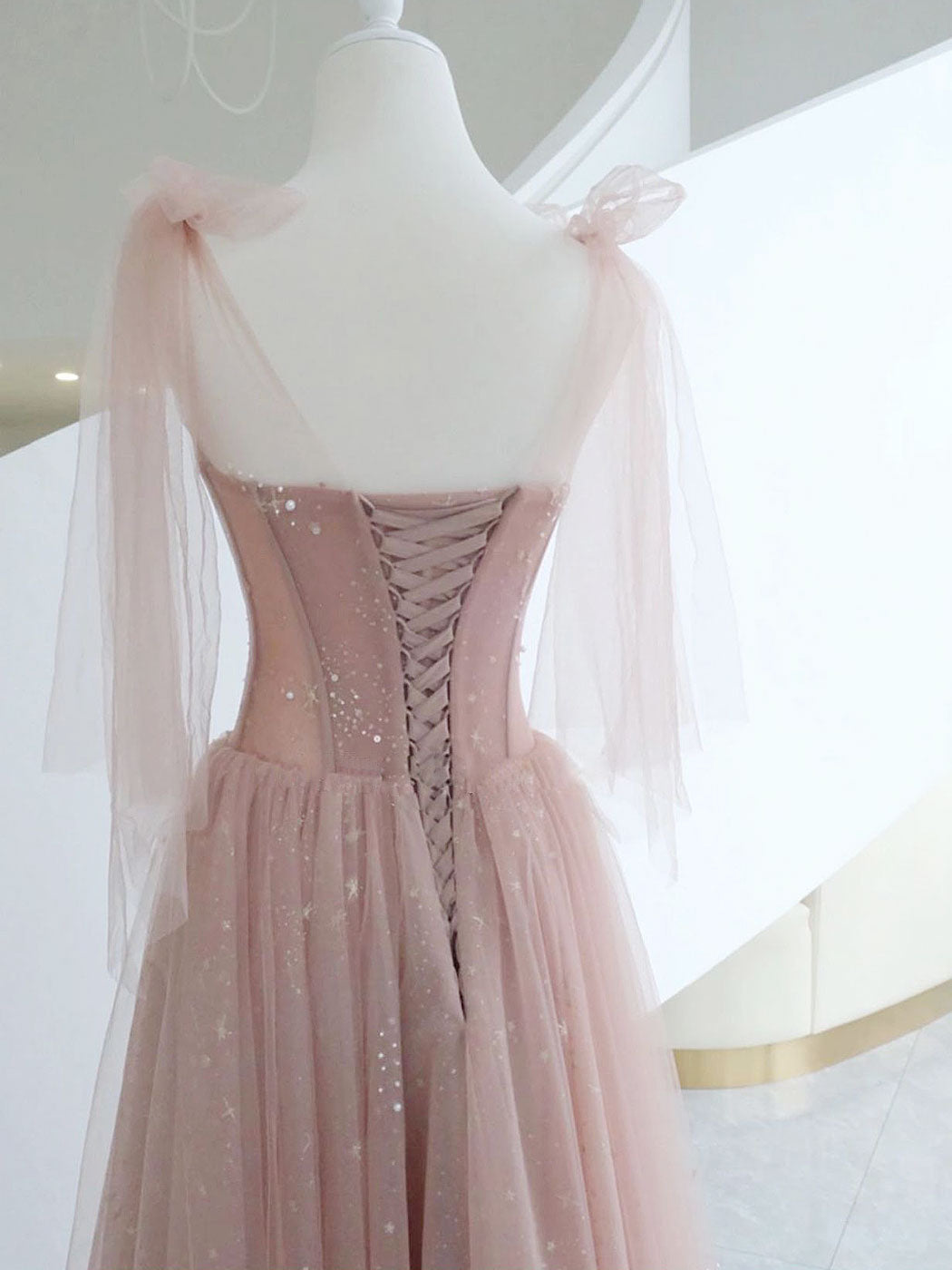 Pink A-Line Tulle Long Prom Dress, Pink Formal Graduation Dress
