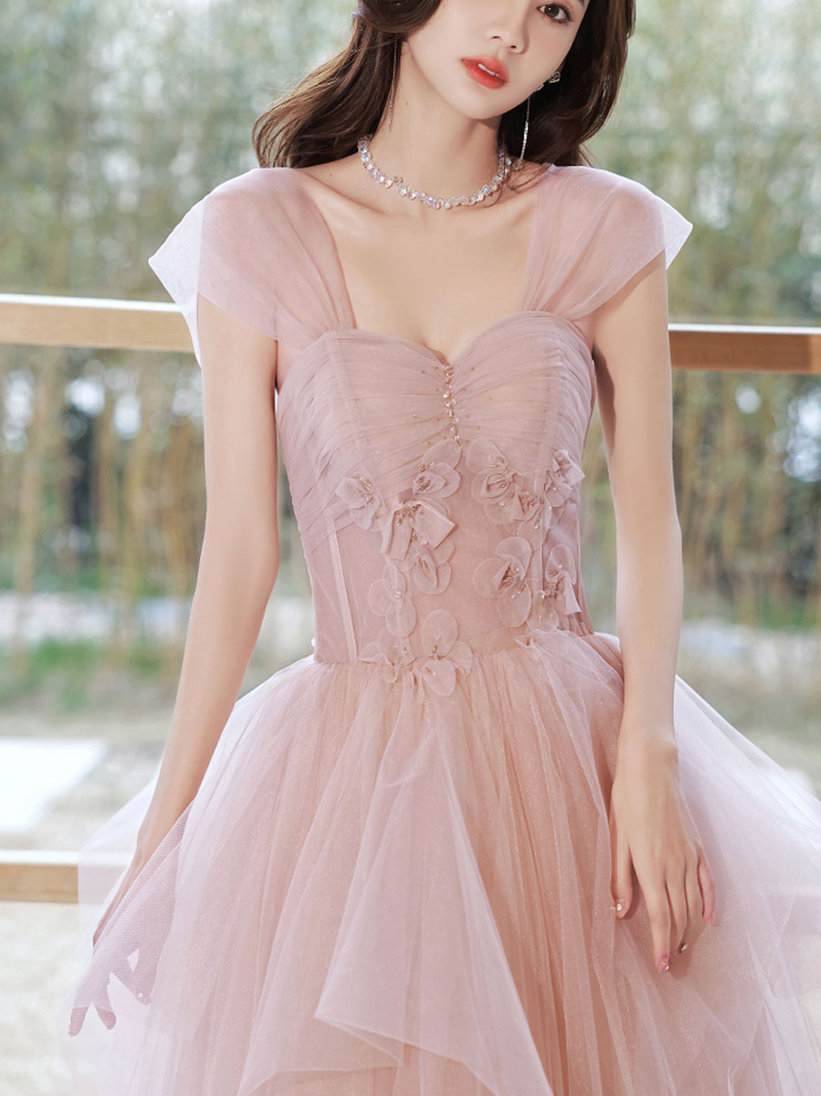 Pink tulle off shoulder long prom dress, pink tulle formal dress