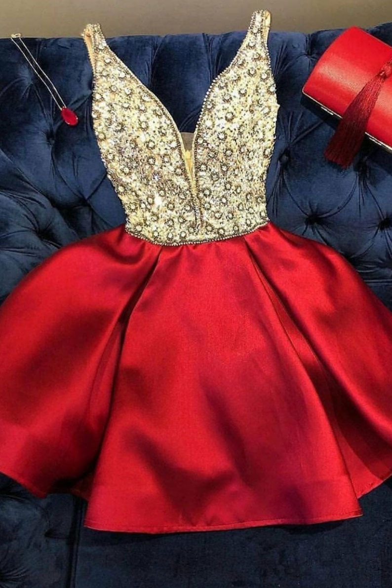Cute v neck satin beads short prom dress, homecoming dress Cute v neck satin beads short prom dress, homecoming dress
