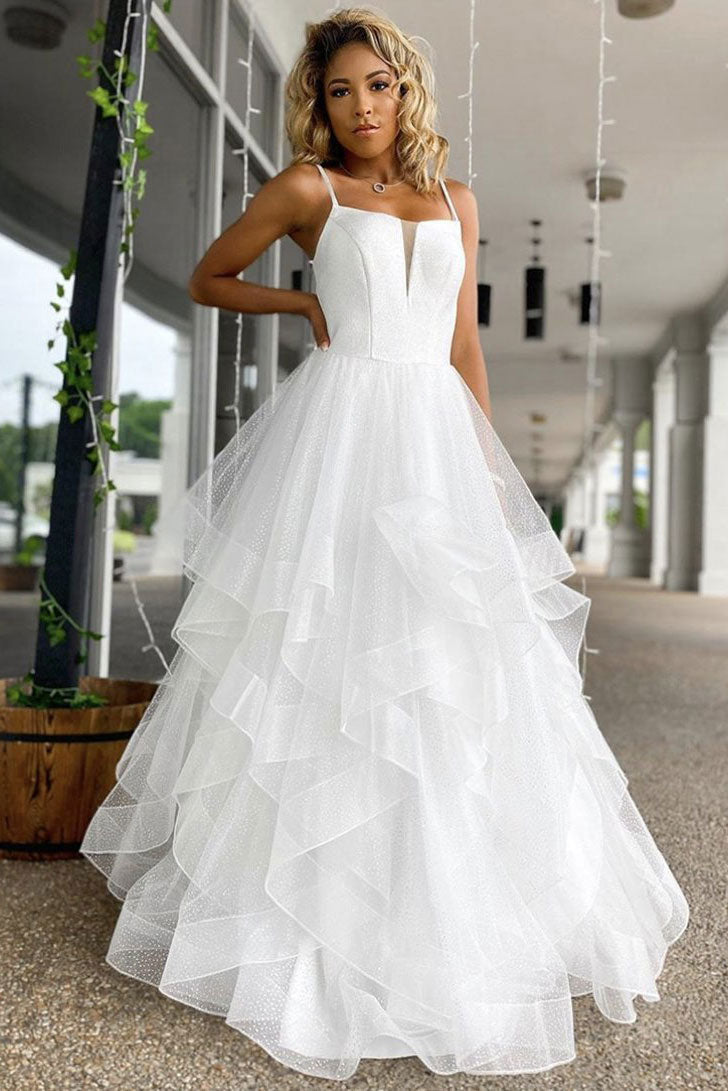 White tulle sequin long prom dress white evening dress dresstby White tulle sequin long prom dress white evening dress dresstby