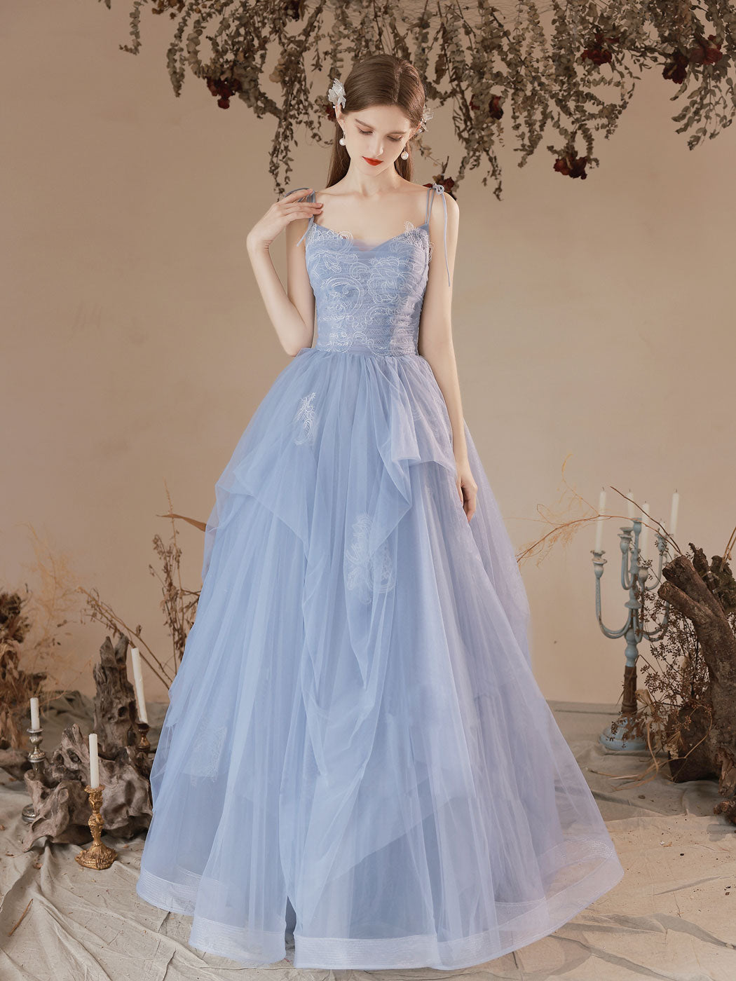 Blue A-Line Tulle Lace Long Prom Dresses, Blue Lace Formal Evening Dre dresstby Blue A-Line Tulle Lace Long Prom Dresses, Blue Lace Formal Evening Dre dresstby