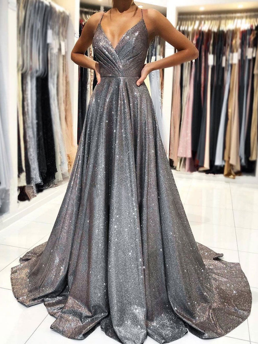 Simple gray v neck satin long prom dress, gray evening dress dresstby Simple gray v neck satin long prom dress, gray evening dress dresstby