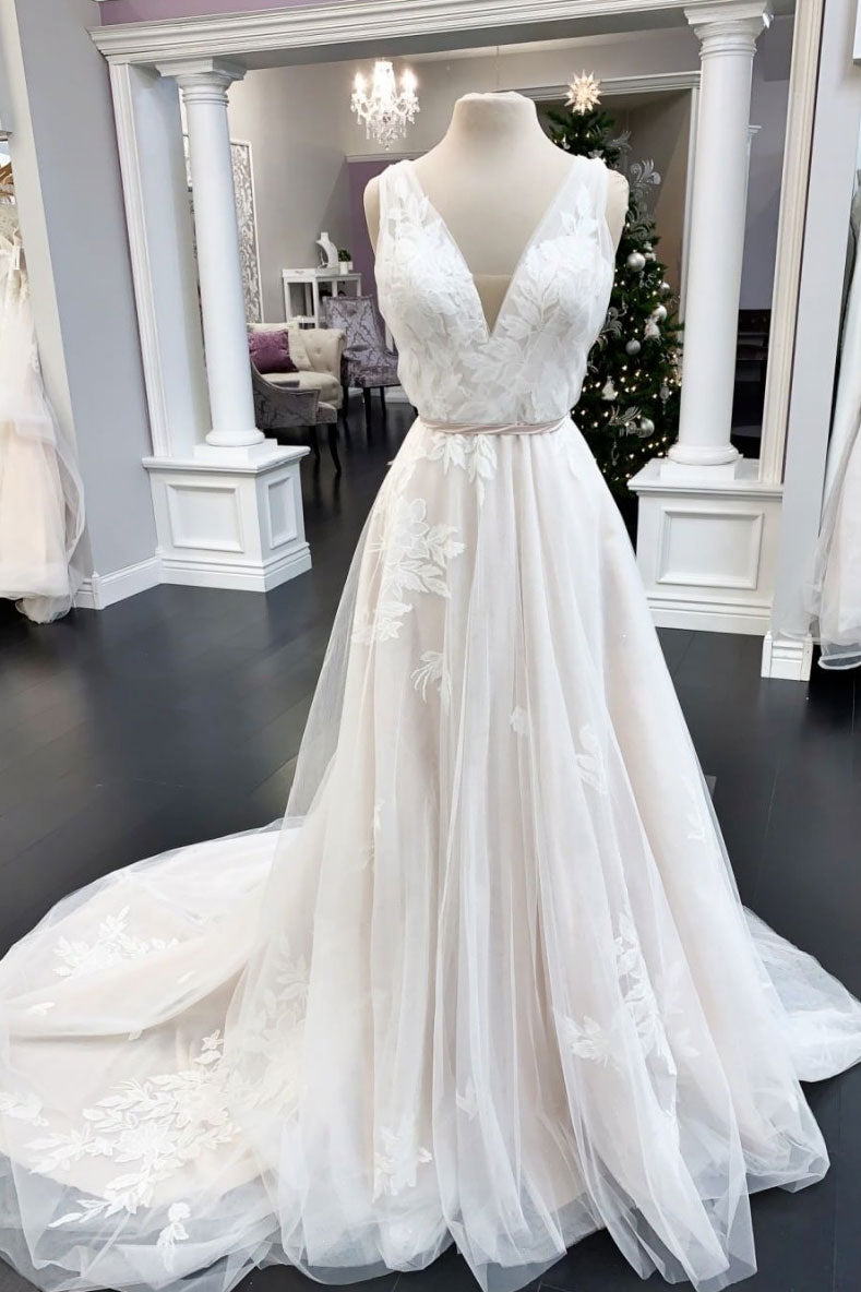 White v neck tulle lace long prom dress white lace formal dress