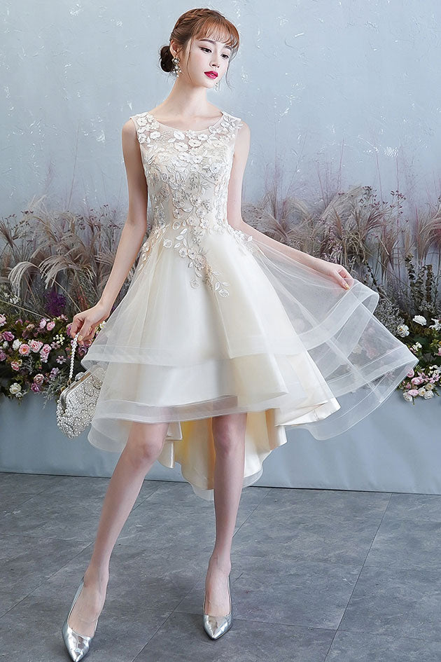 Champagne tulle lace high low prom dress, homecoming dress