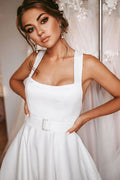 White A-line satin long prom dress backless bridesmaid dress