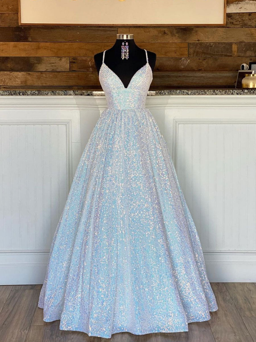 Simple v neck sequin long prom dress, sequin evening dress