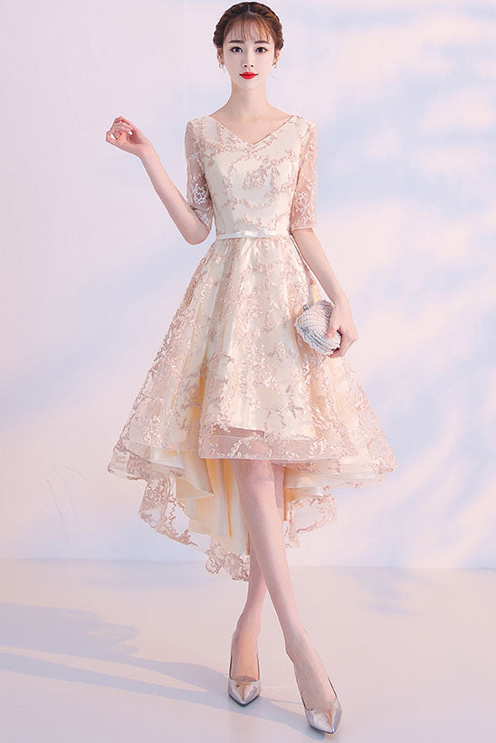 Champagne lace high low prom dress, lace evening dress dresstby Champagne lace high low prom dress, lace evening dress dresstby