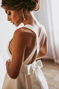 White A-line satin long prom dress backless bridesmaid dress