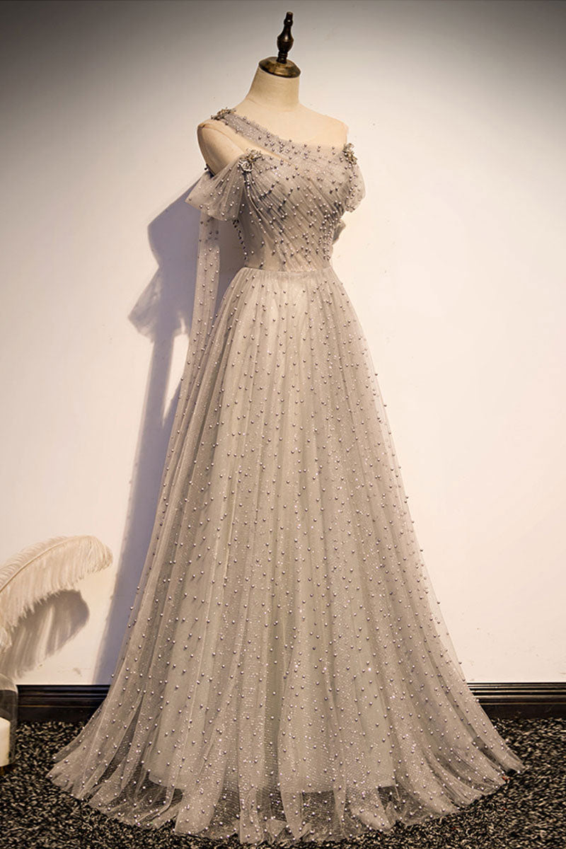 Gray tulle one shoulder long prom dress gray formal dress