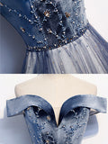 Blue off shoulder tulle long prom dress, blue tulle formal dress