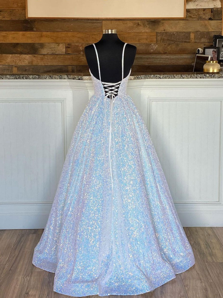 Simple v neck sequin long prom dress, sequin evening dress