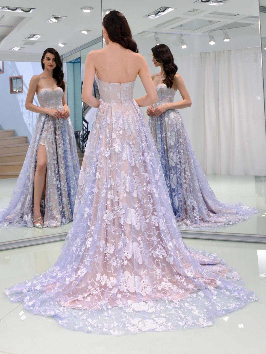 Purple A line lace tulle long prom dress, purple lace evening dress