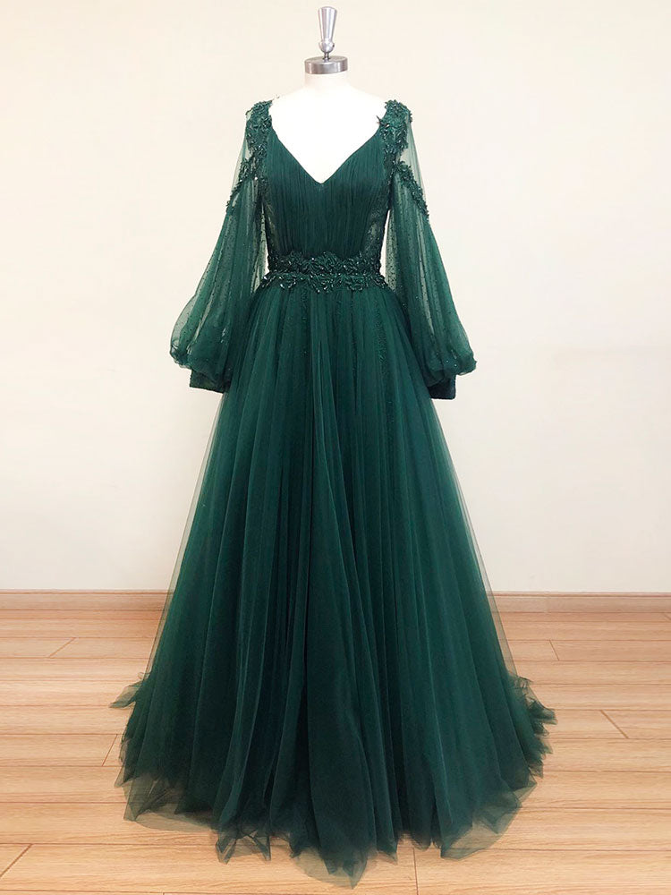 Green v neck lace A line long prom dress, green tulle evening dress