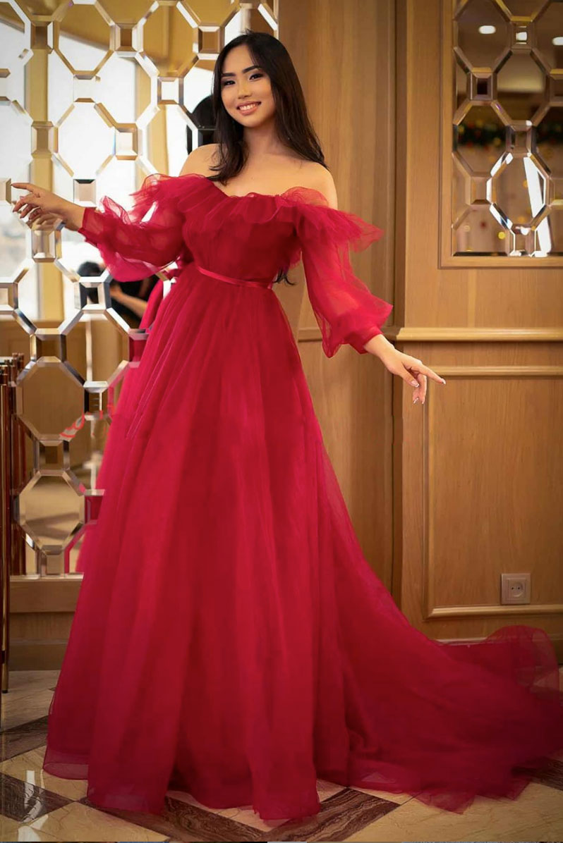 Simple red tulle long prom dress red formal dress