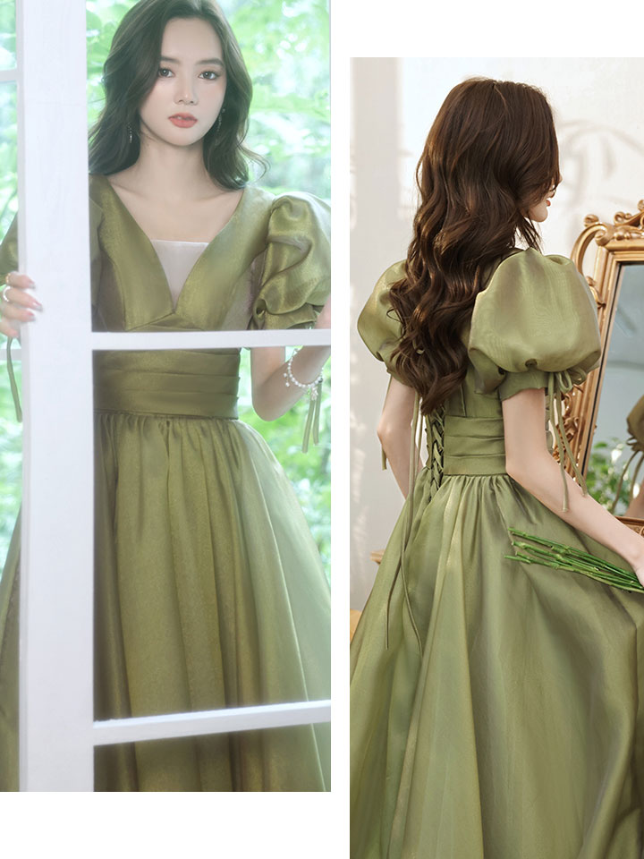 Green tulle long prom dress, green tulle long evening dress