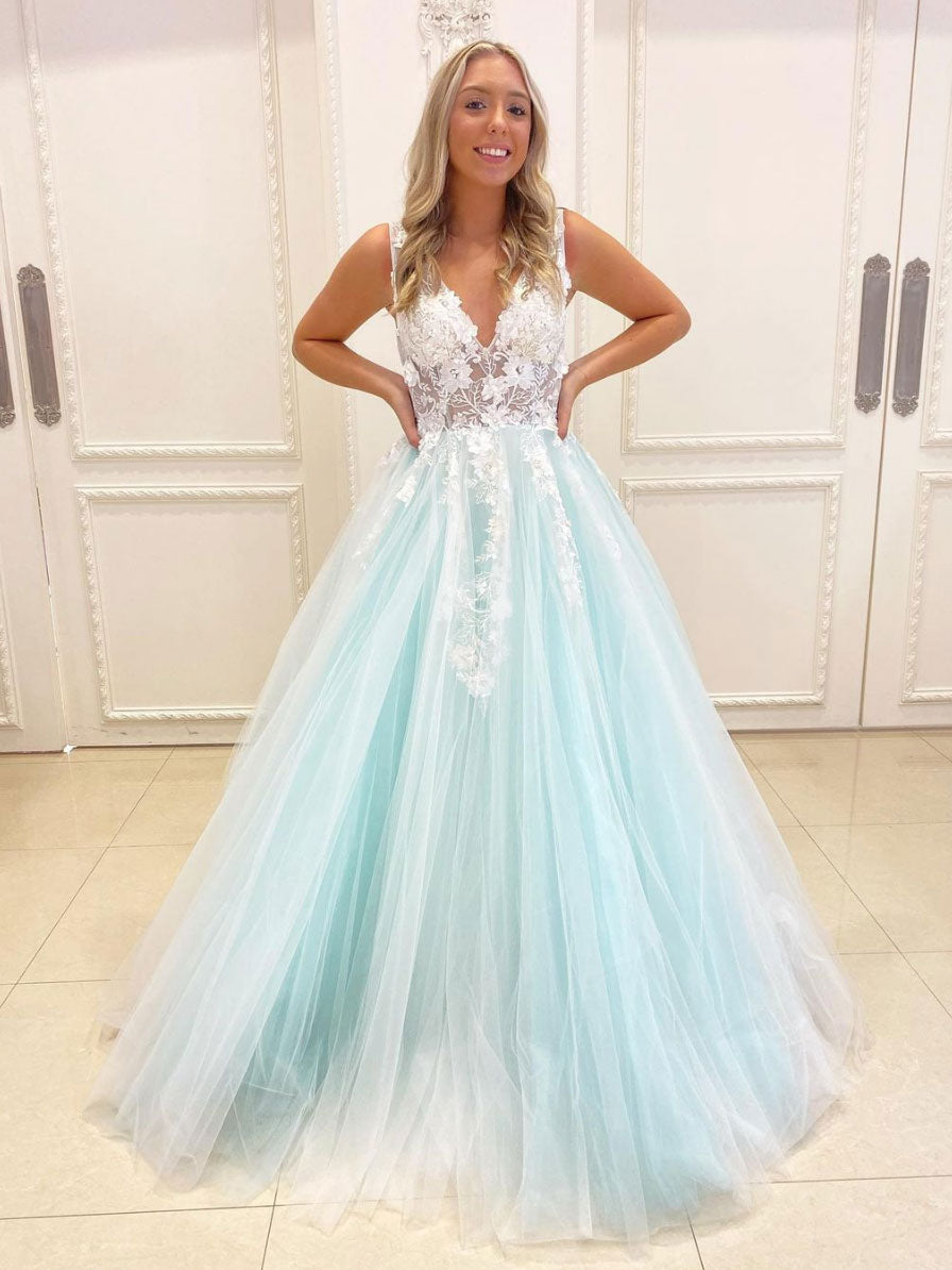 Unique v neck tulle lace green long prom dress A-line green evening dress