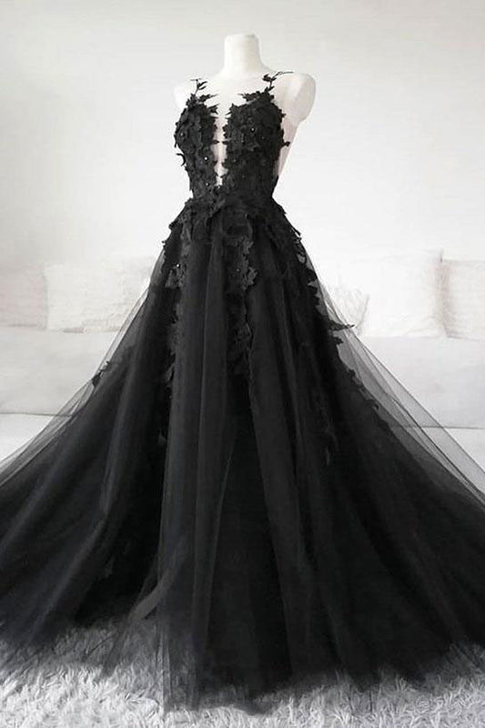 Black tulle lace long prom dress black lace evening dress