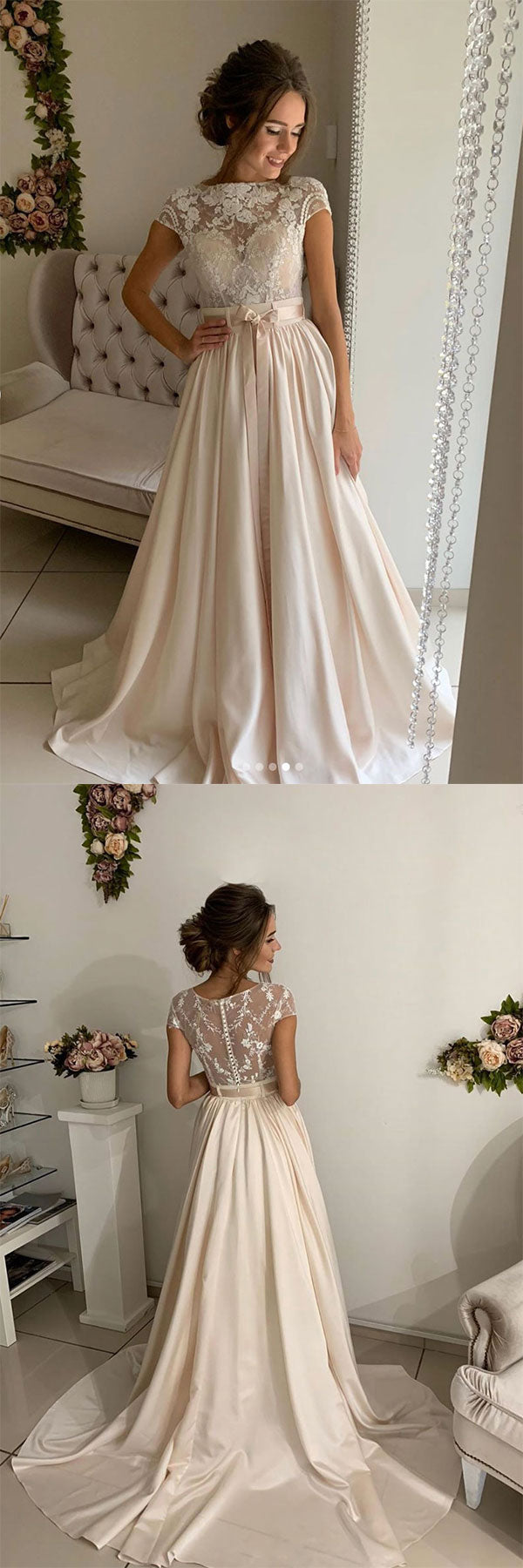 Champagne lace satin long prom dress, lace evening dress