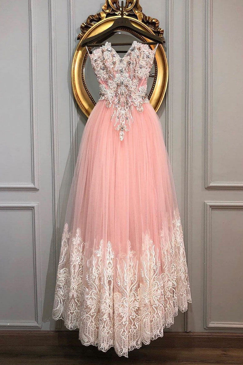 Pink sweetheart tulle lace long prom dress, pink lace evening dress dresstby Pink sweetheart tulle lace long prom dress, pink lace evening dress dresstby
