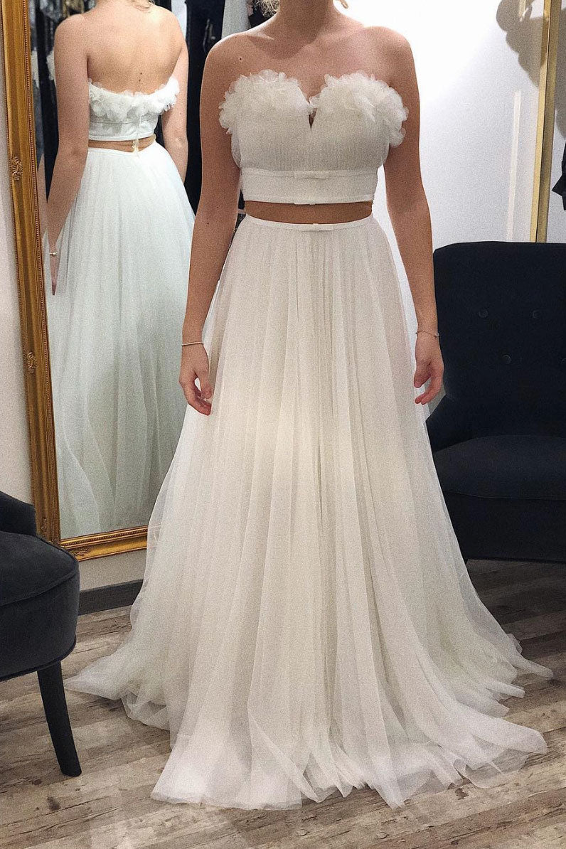 Simple white tulle long prom dress, white evening dress