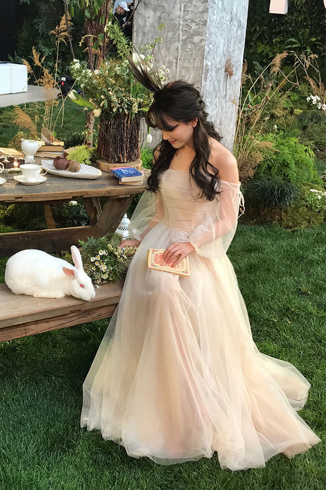 Elegant white tulle long prom dress, white tulle evening dresses