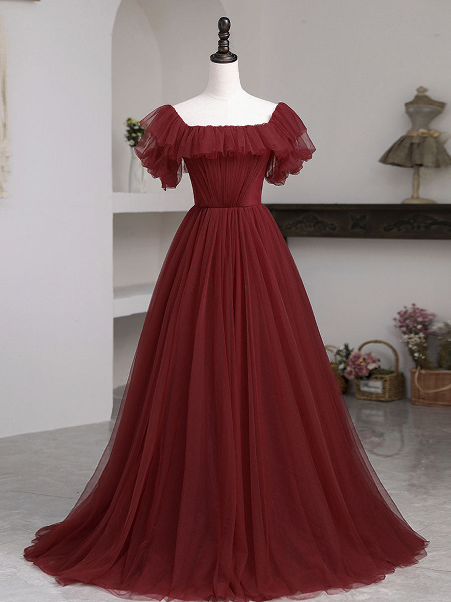 burgundy tulle maxi dress Princess Burgundy A-line Tulle Long Formal Dress Dressesforparty