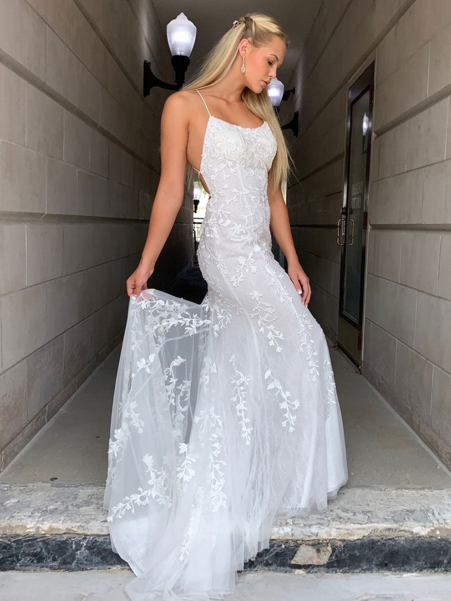 Ivory lace tulle long prom dress, lace evening dress