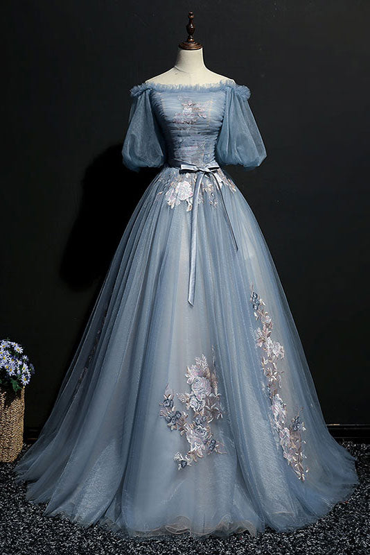 Unique gray blue tulle lace applique long prom dress, gray blue evenin dresstby Unique gray blue tulle lace applique long prom dress, gray blue evenin dresstby