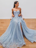 Gray blue tulle sequin long prom dress, gray blue tulle evening dress