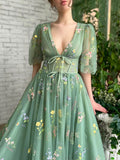 Green v neck tulle lace long prom dress, green tulle formal dress