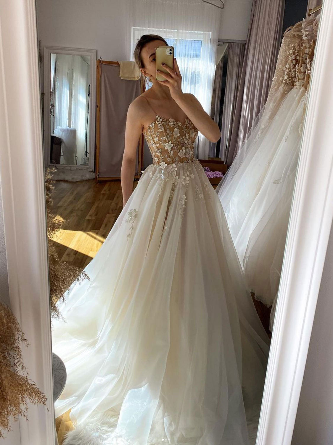Champagne Aline tulle lace long prom dress, champagne evening dress