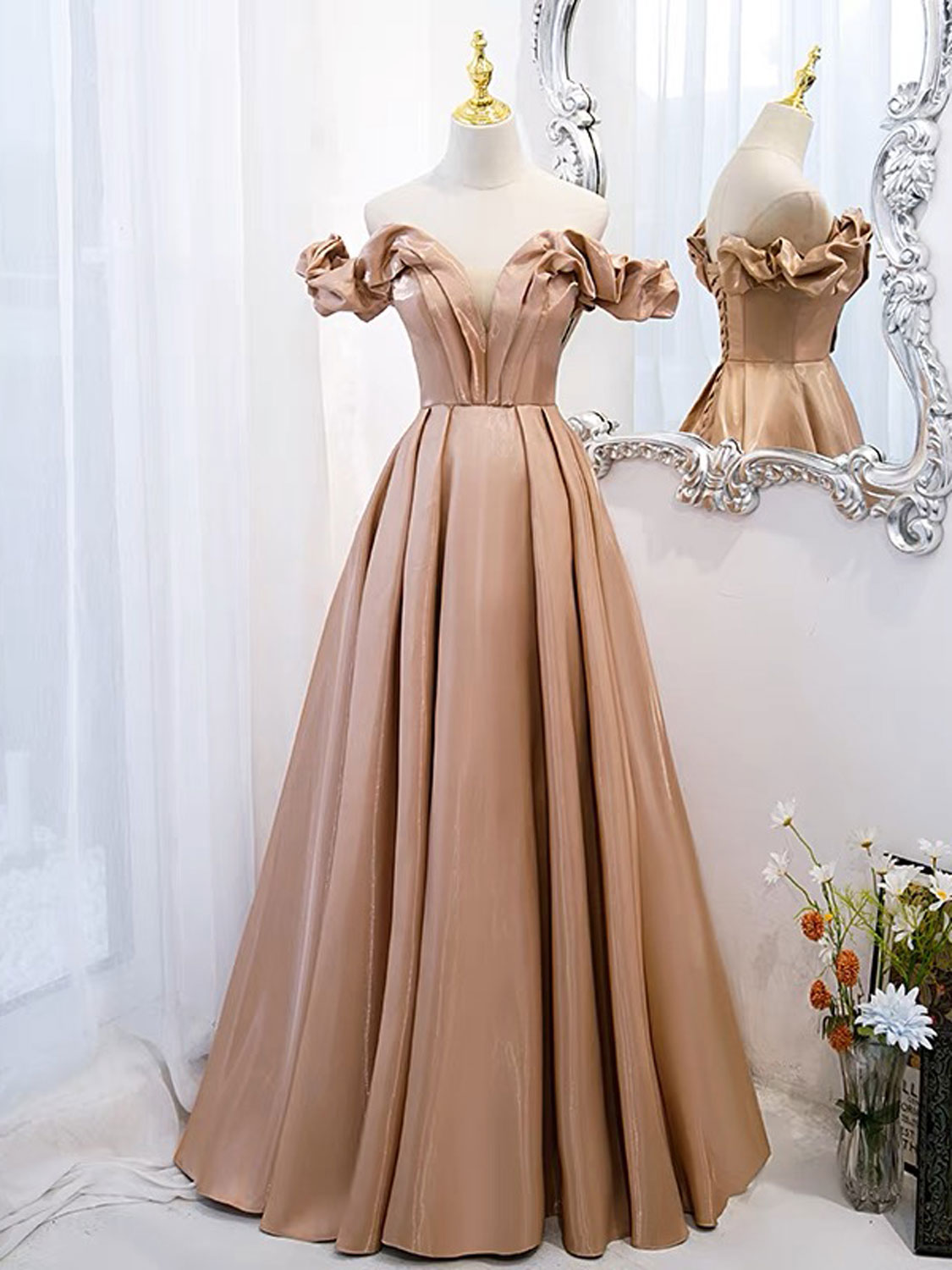 A-Line Off Shoulder Satin Champagne Long Prom Dress, Champagne Formal Dress