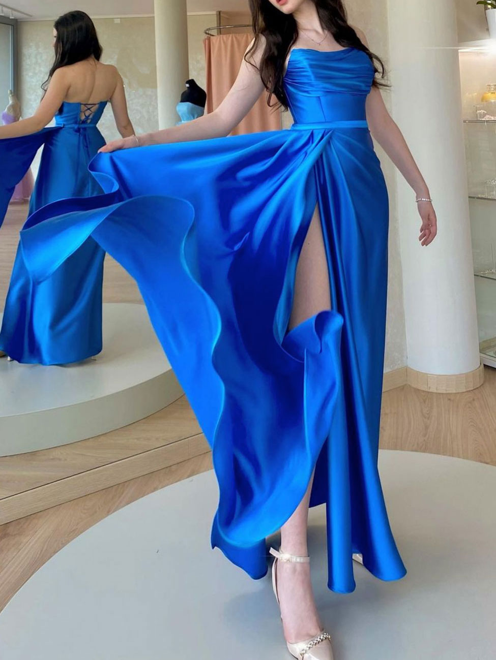Simple blue satin long prom dress blue formal party dress dresstby Simple blue satin long prom dress blue formal party dress dresstby