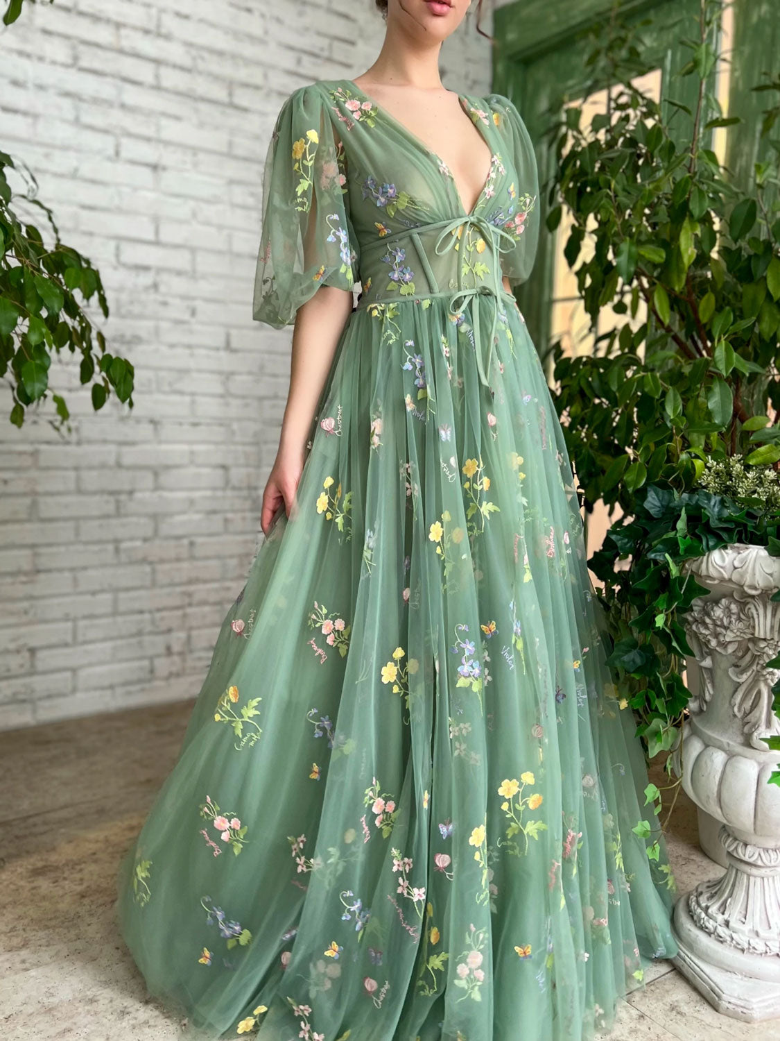 green flowery prom dress Primavera Couture 3073