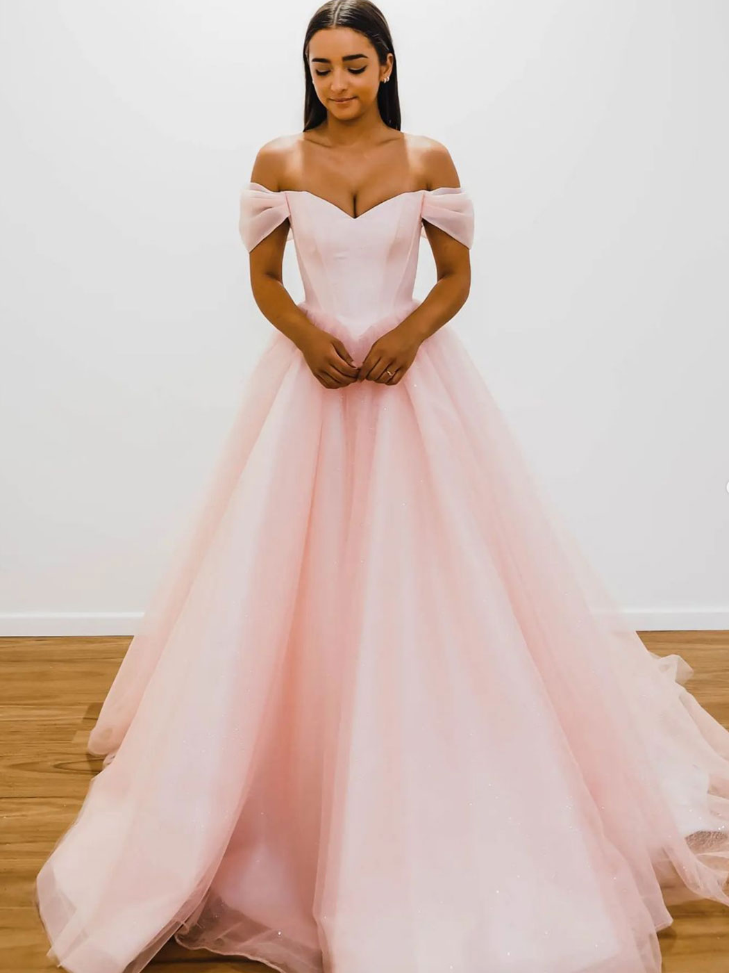 Pink off shoulder tulle long prom dress, pink A line evening dress dresstby Pink off shoulder tulle long prom dress, pink A line evening dress dresstby