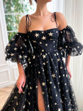 A-Line Black Tulle Long Prom Dress, Black Formal Evening Dresses