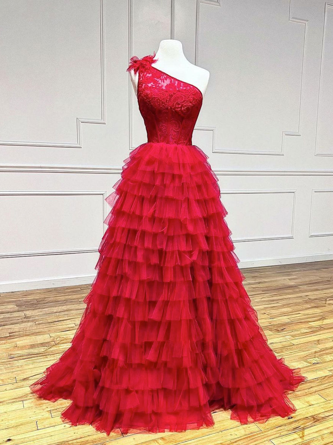 One Shoulder Tulle Lace Burgundy Long Prom Dress, Burgundy Formal Dres dresstby One Shoulder Tulle Lace Burgundy Long Prom Dress, Burgundy Formal Dres dresstby