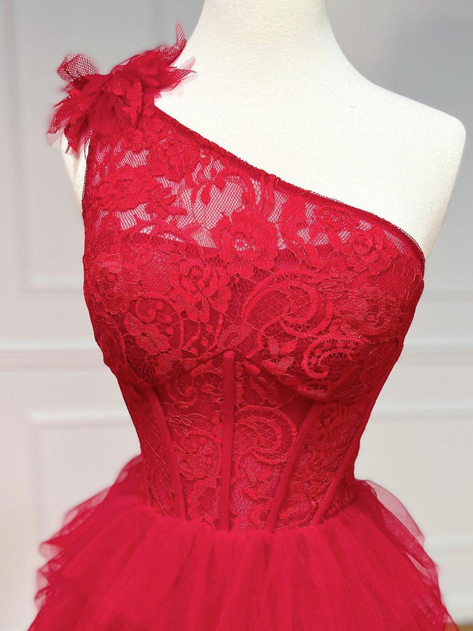 One Shoulder Tulle Lace Burgundy Long Prom Dress, Burgundy Formal Dresses