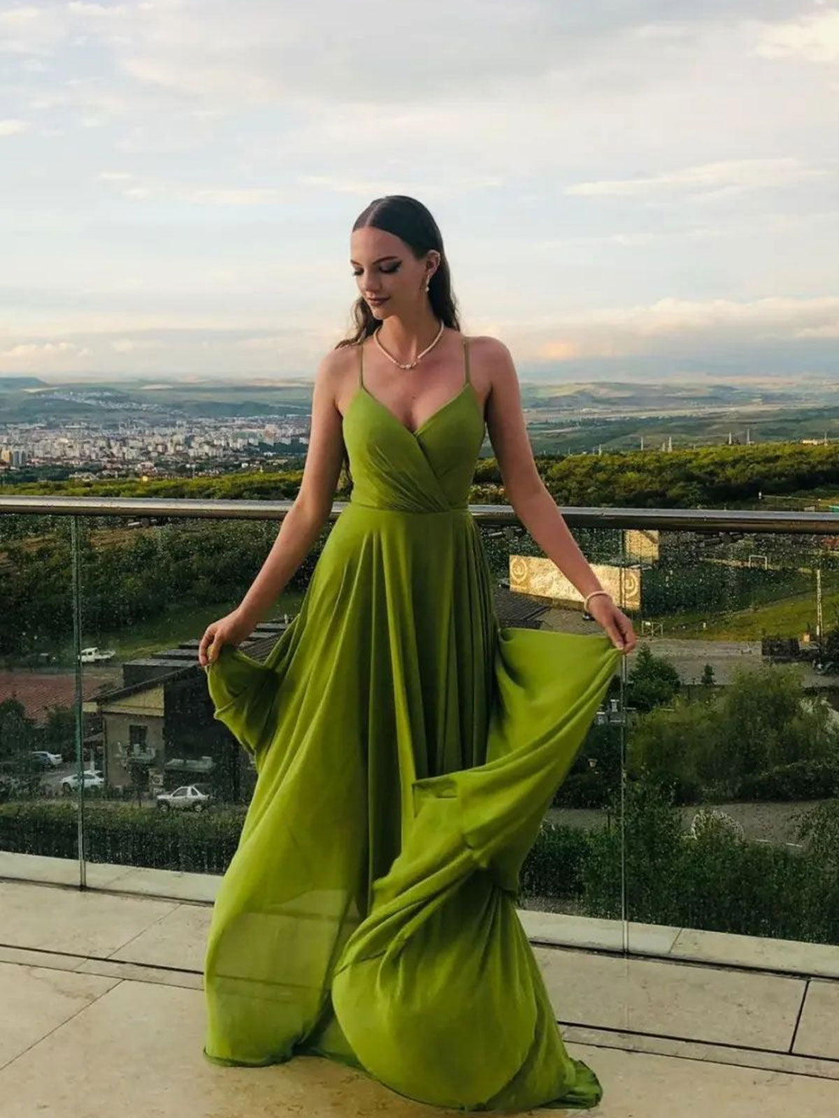 Simple A line green chiffon long prom dress, green evening dress